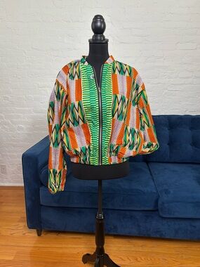 Grass-fields African Print Zip-Up Bomber Jacket - Size XL